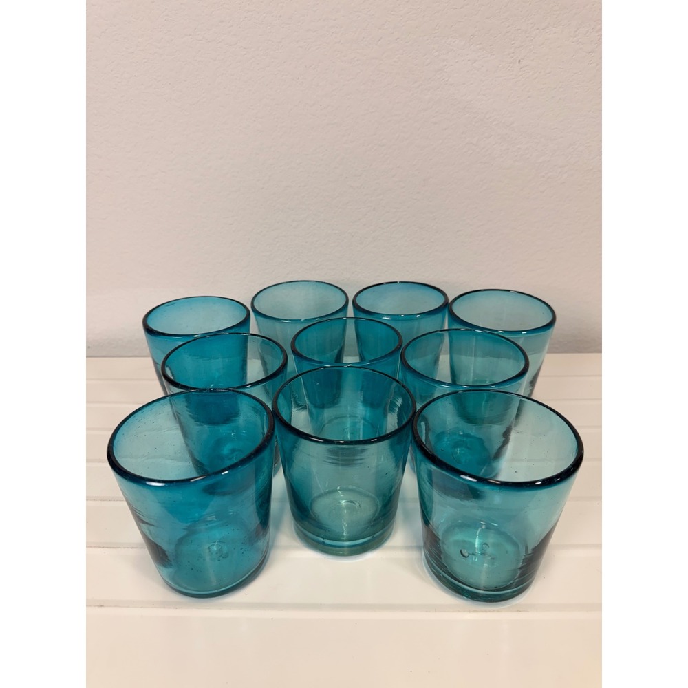 Set of 10 Hand Blown Seeded Glass Juice Tumblers Turquoise Blue Teal 3.75"